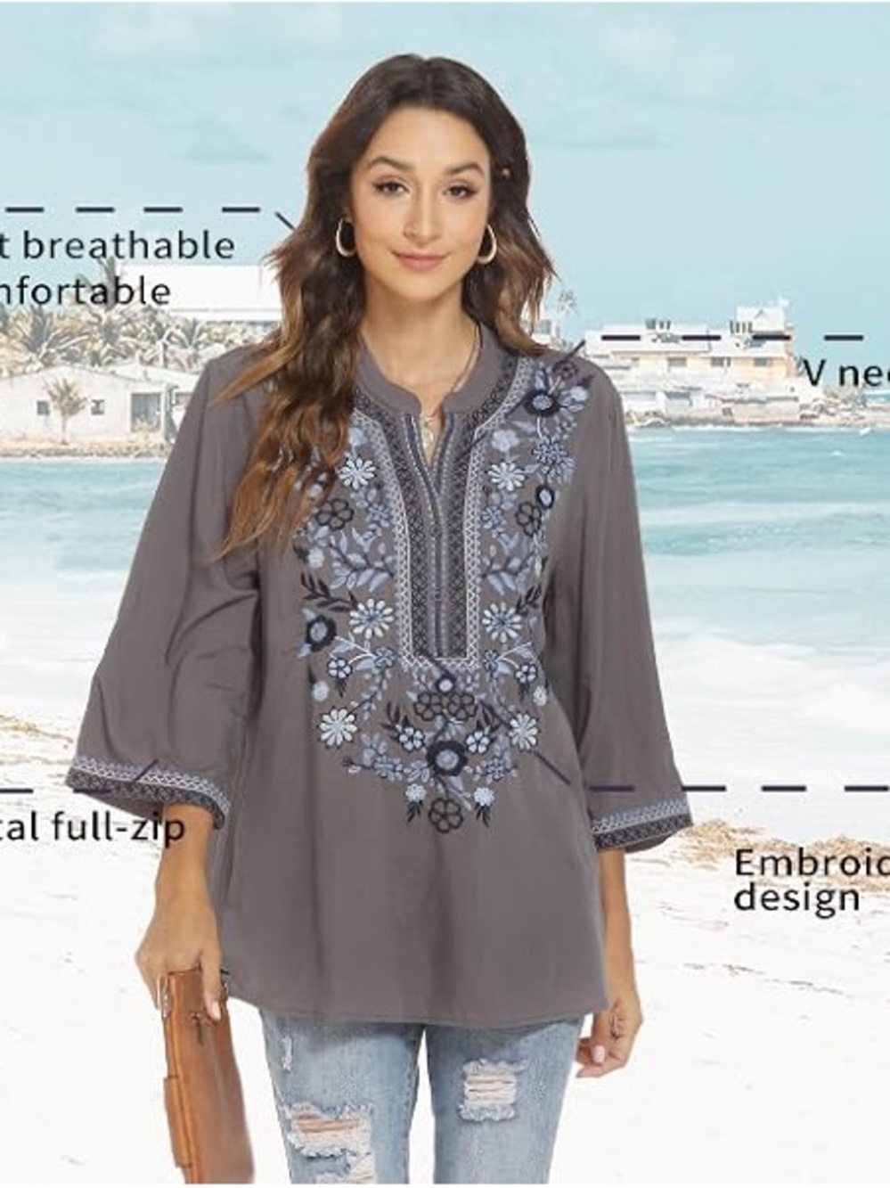 Gray Embroidered V-Neck Tunic with Blue Floral Motif